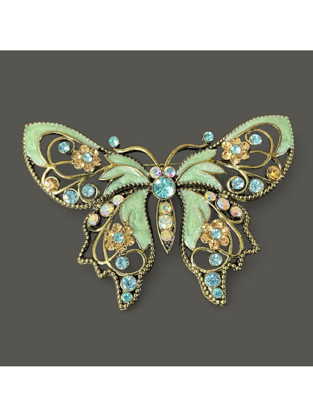 Avon SP Nina Ricci Turquoise Enamel Rhinestone Butterfly Brooch Gold Tone Metal